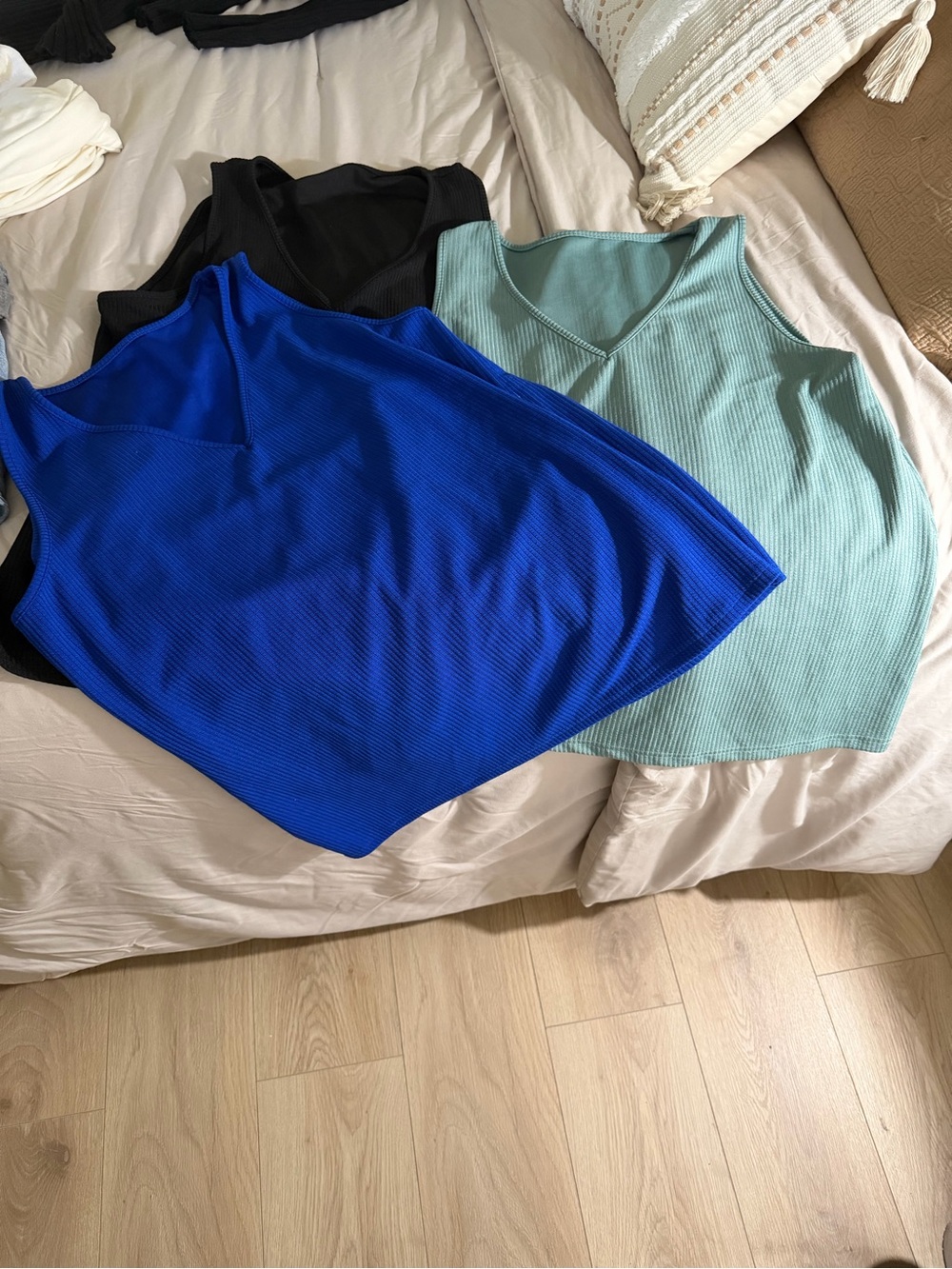 Set of Ribbed V-Neck Tank Tops - Cobalt Blue, Black, Mint